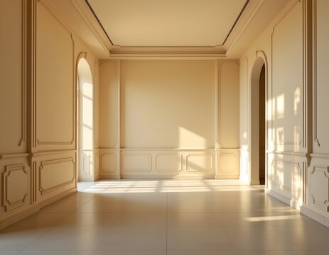 the image depicts an empty room, the main subject is this architectural space with smooth walls, a flat floor, and a ceiling, the space appears to be bathed in a warm