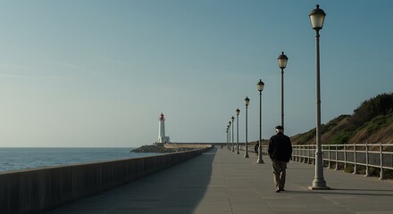 A solitary man walks along a coastal promenade towards a distant lighthouse under a serene, clear sky.