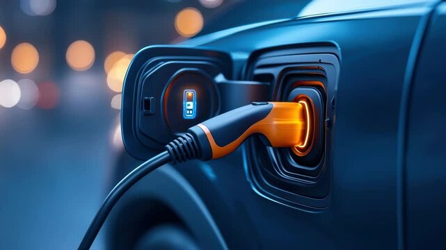Electric car charging station plug cable technology for eco friendly transportation, modern clean energy, and urban environment with glowing cable, sustainable energy, and innovative solutions