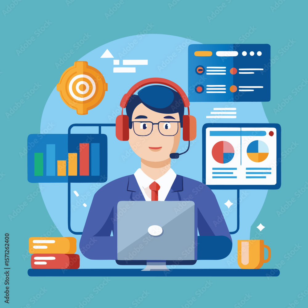 Poster customer service representative working with data analysis on laptop and screens