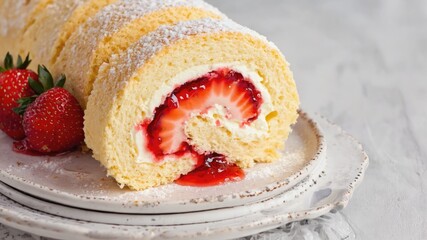 A sliced strawberry roll cake with cream filling and fresh strawberries on a white plate. The cake has a light yellow sponge and a red strawberry jam center.