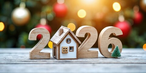 Wooden numbers 2026 with a small house and a green tree in front of a blurred Christmas tree background with ornaments.
