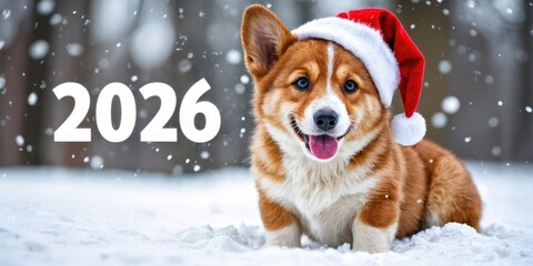 A happy corgi dog wearing a Santa hat sits in the snow. Snowflakes fall around it, creating a festive winter scene. The year 2026 is displayed prominently.