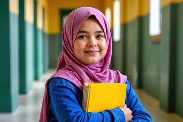 Young Asian girl wearing a pink hijab, smiling while holding a yellow book in a school corridor with green and yellow walls.
