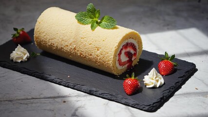 A rolled cake with strawberry filling is placed on a black slate board. Fresh strawberries and whipped cream decorate the scene. Natural light enhances the colors.
