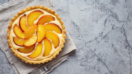 A freshly baked peach tart with a golden crust, topped with sliced peaches arranged in a circular pattern. The tart is placed on a light-colored cloth on a textured surface.