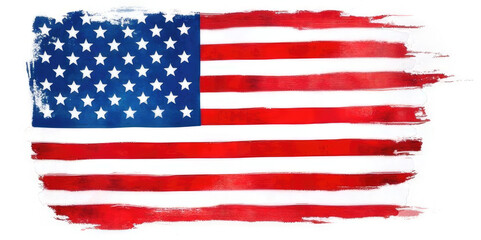 A stylized representation of the American flag with red and white stripes and a blue field of stars. The design features a brushstroke effect.