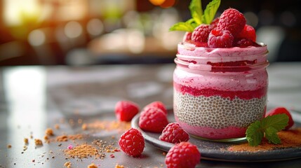 A delicious dessert in a glass jar with layers of raspberry and chia seeds. Fresh raspberries and mint leaves are placed around the jar on a dark surface.