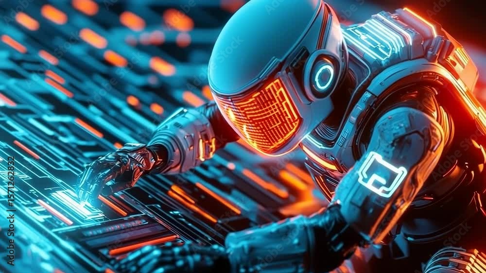 Poster futuristic robot with glowing orange and blue lights interacts with digital interface, advanced tech