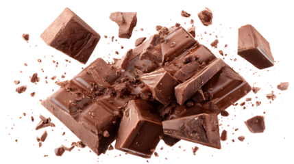 Explosion of milk chocolate bar pieces isolated on a white background. Pattern. Crumbs shavings and Flying Chocolate chunks Top view. Flat lay