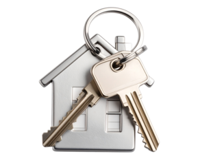  Metal House Keychain with Two Keys, flat lay style, isolated on white background