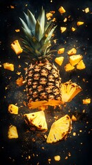 Fresh pineapple slices explode in mid-air.