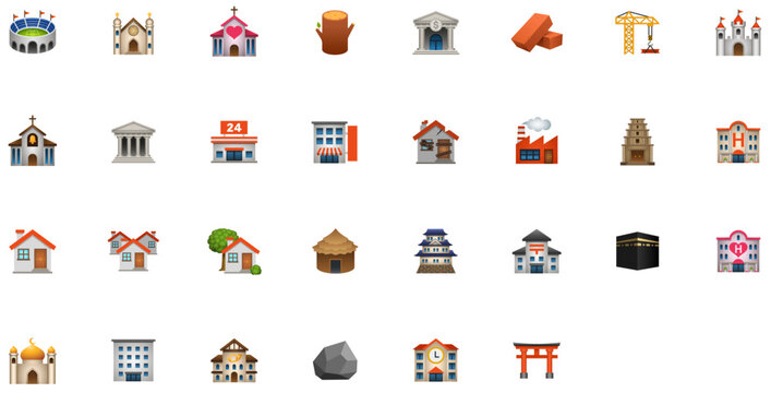 Buildings and places icons: landmarks, church, bank, mosque, architecture, castle, tower, shop, hotel, house, city, office, construction, post, apartment, home, estate, building. Vector icon set.