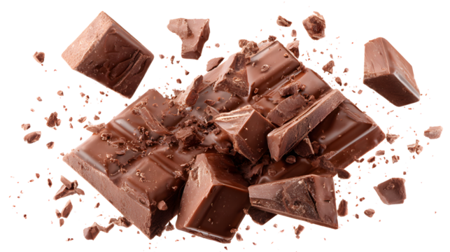 Explosion of milk chocolate bar pieces isolated on a white background. Pattern. Crumbs shavings and Flying Chocolate chunks Top view. Flat lay