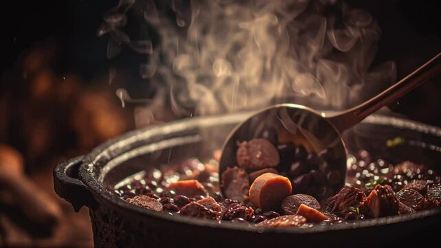 Delicious steaming feijoada with black beans and various meats being served with a ladle from a pot, highlighting traditional Brazilian cuisine