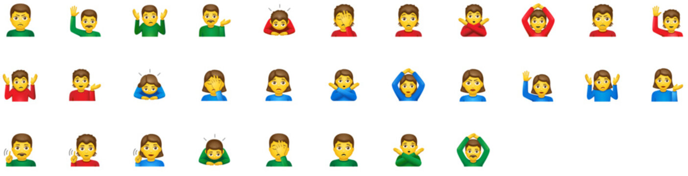 Gestures icon set with shrugging, facepalming, grimace, pouting, bowing, man, woman, gesturing, face, male, female, shrug, ok, hand, feelings. Gesture icons in Emoji style. 
