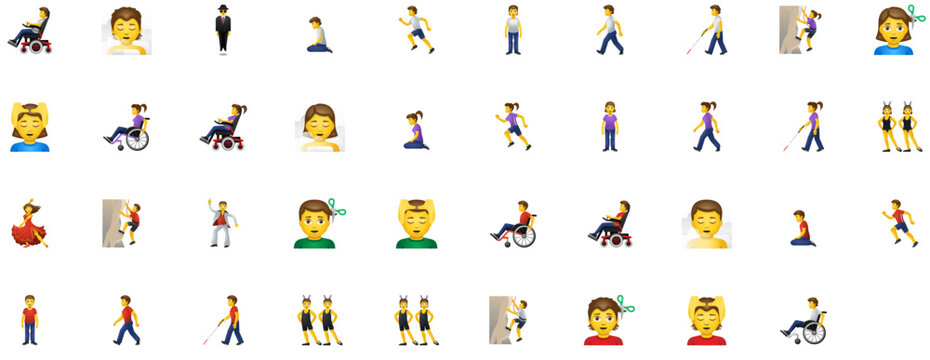 Person activity icons in emoji style &mdash; lifestyle, recreation, health, dance, relax, people, man, woman, sport, dancing, running, climbing. Vector icon sheet.