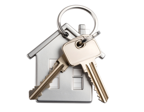  Metal House Keychain with Two Keys, flat lay style, isolated on white background