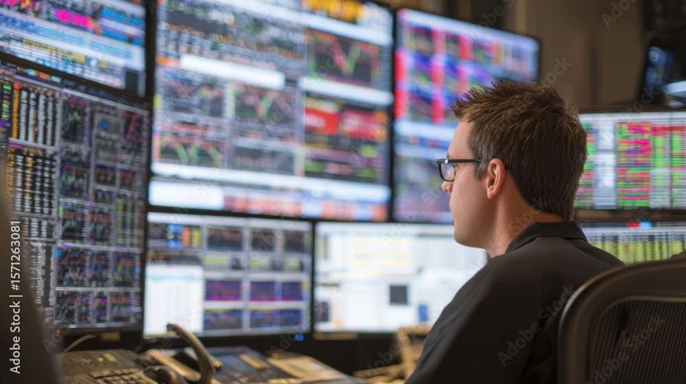 Poster concentrated market analyst studying global financial indicators on an array of digital displays emp