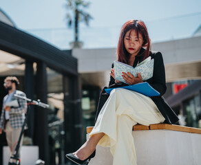 Busy city scene featuring a focused woman reading documents while a videographer films nearby,...