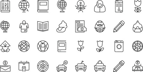A collection of diverse line art icons arranged on a white background plain