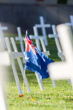 An Australian flag amongst a field of crosses