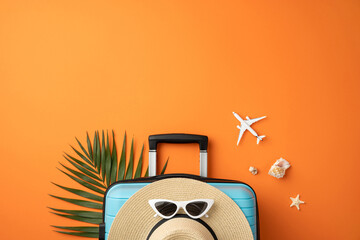 Essential travel accessories include a suitcase, hat, sunglasses, and tropical decorations, perfect...