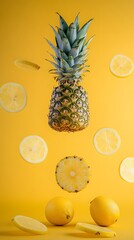 Pineapple and lemon slices in mid-air against a mustard yellow background.