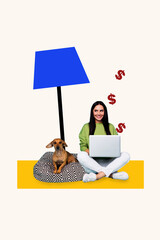 Trend template design 3D collage sketch of young lady sit work laptop remote home dollars dog pet...