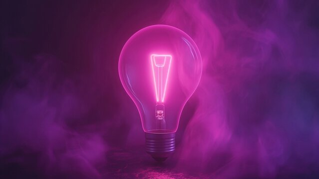 Neon light bulb glowing with bright pink light on dark background with smoky atmosphere for new idea concept.