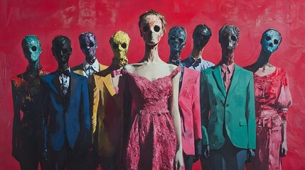 A group of figures in formal attire against a vibrant backdrop.