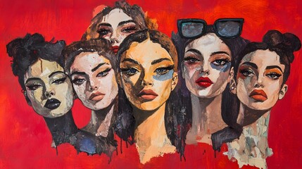 Close-up portrait painting of multiple female faces.