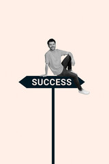 Vertical pop poster banner collage of happy businessman sit road sign pointer success direction aim achievement career promotion