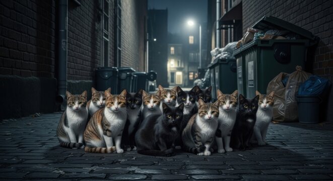 Group of Cats Gathering in Urban Alley at Night Under Streetlight