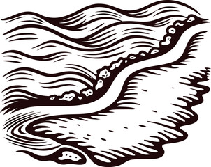 Hand drawn shoreline with rolling waves and rocky beach vintage engraved coastline illustration