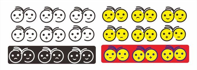 Collection of sets of emotional signs/symbols for men and women, various expressions, black and white and color