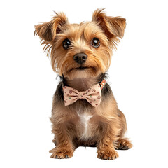 A portrait of a Yorkshire Terrier dog wearing a stylish bow or ribbon accessory isolated on a clean white background