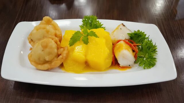Jamaican dish, Ackee and salted cod served with fried dumplings, Bright yellow and red tones, Natural light filtering through, Flavorful and savory
