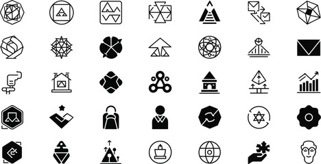A collection of various black and white geometric and symbolic vector icons