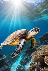 Obraz premium Sea Turtle Swimming Over Coral Reef in Clear Tropical Waters. for ocean conservation, wildlife, diving, and nature themes.