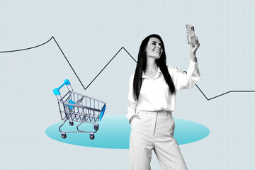 Composite 3D collage trend artwork template of young lady hold phone smile trolley customer...