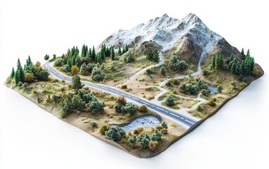 Technical schematic of a mountain road showing wildlife corridors, noise reduction surfaces, frost-protected foundations, and native plant buffers in the context of travel route