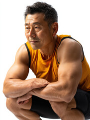 Fototapeta premium Strong core Asian man holds extended side angle calm