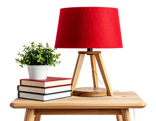  Red Lamp on Side Table with Small Plant and Books, lifestyle setup, isolated on white background