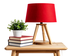  Red Lamp on Side Table with Small Plant and Books, lifestyle setup, isolated on white background