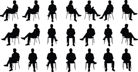 Silhouette of people sitting on chair, seated man poses, business meeting posture, waiting room vector set, casual office illustrations.