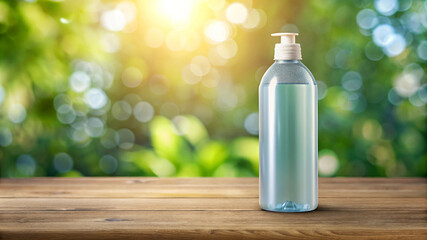 Hand sanitizer bottle on wooden surface with blurred green background