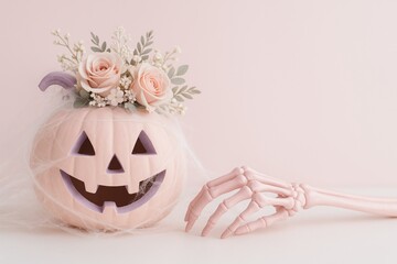 pink halloween pumpkin decoration with flowers and skeleton hand on pastel background for festive celebrations and home decor