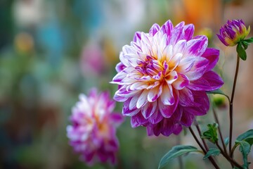 Obraz premium Newly blooming purple and white Dahlia in a garden in Delchevo Macedonia