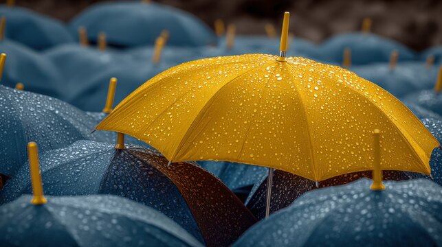 Bright yellow umbrella standing out among a sea of blue umbrellas covered in rain droplets du a rainy day outdoor event or gathe